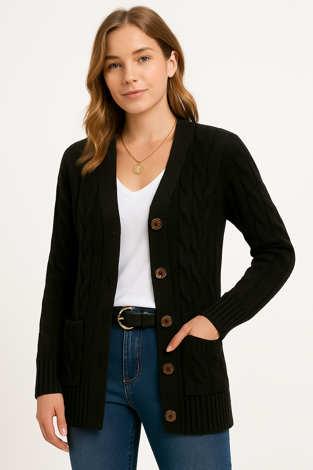 Women's Cable Cardigan - Lightweight Spring Layering, Blue or Black