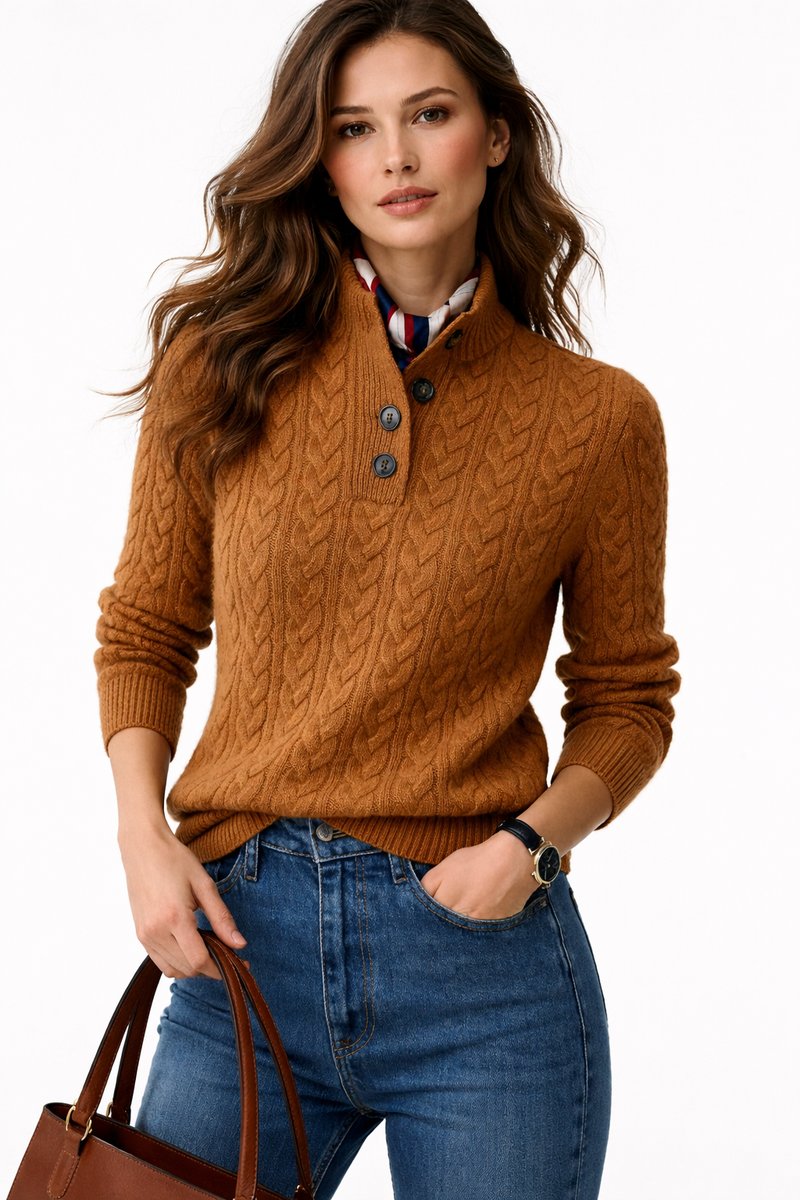 Women's Cable-Knit Button-Neck Pullover Sweater