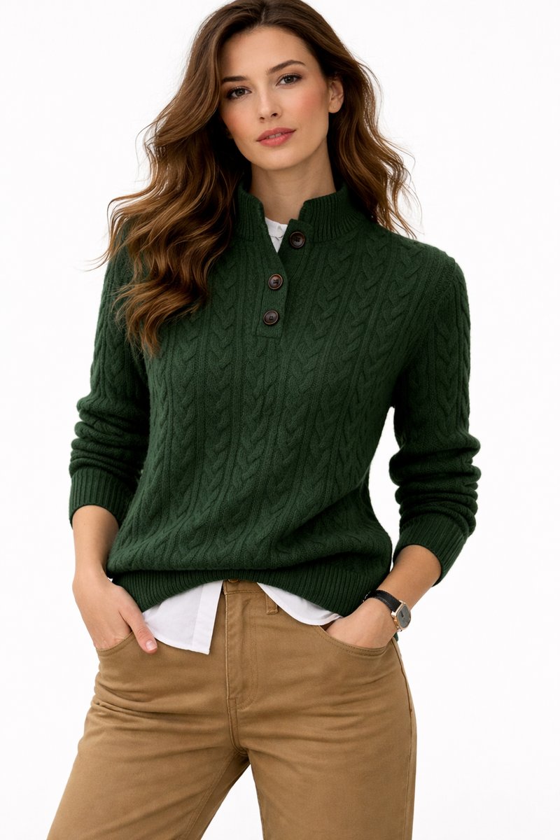 Women's Cable-Knit Button-Neck Pullover Sweater