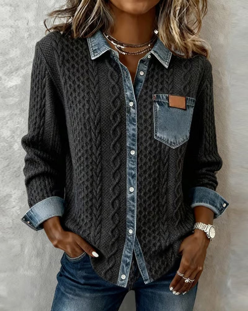 Women's Cable-Knit Patchwork Button-Down Shirt