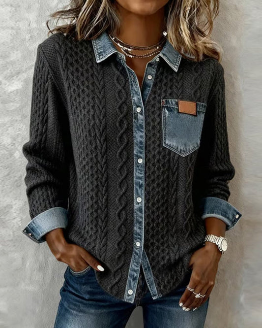Women's Cable-Knit Patchwork Button-Down Shirt
