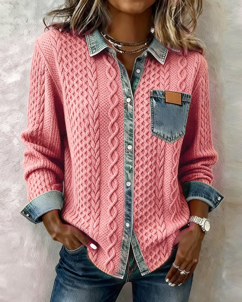 Women's Cable-Knit Patchwork Button-Down Shirt