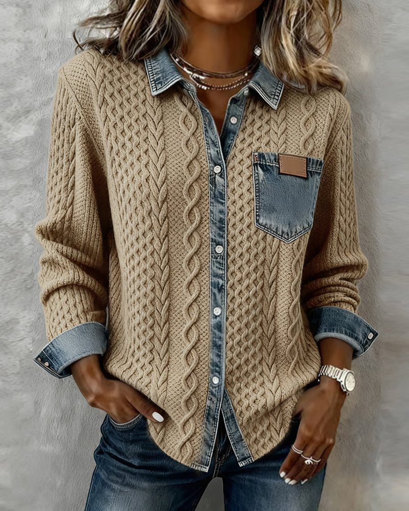 Women's Cable-Knit Patchwork Button-Down Shirt