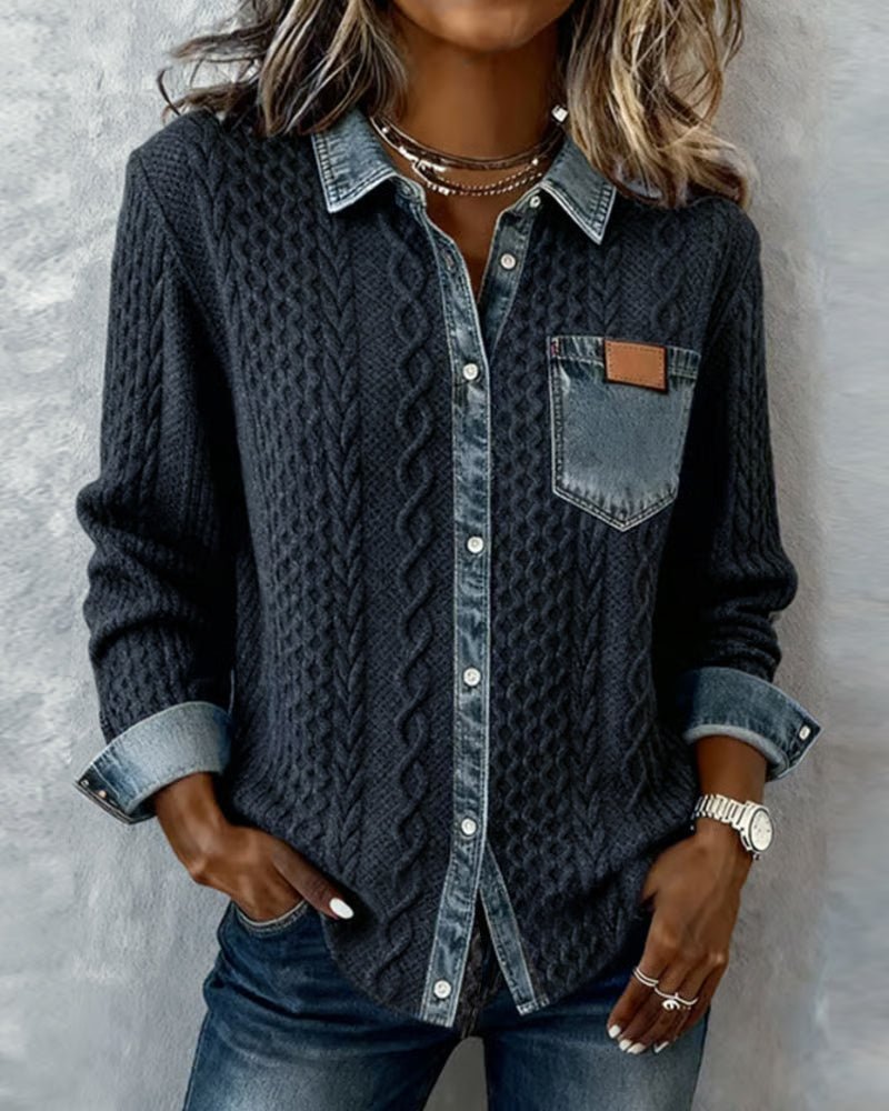 Women's Cable-Knit Patchwork Button-Down Shirt