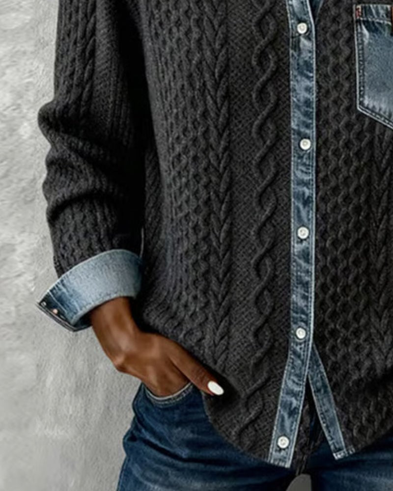 Women's Cable-Knit Patchwork Button-Down Shirt