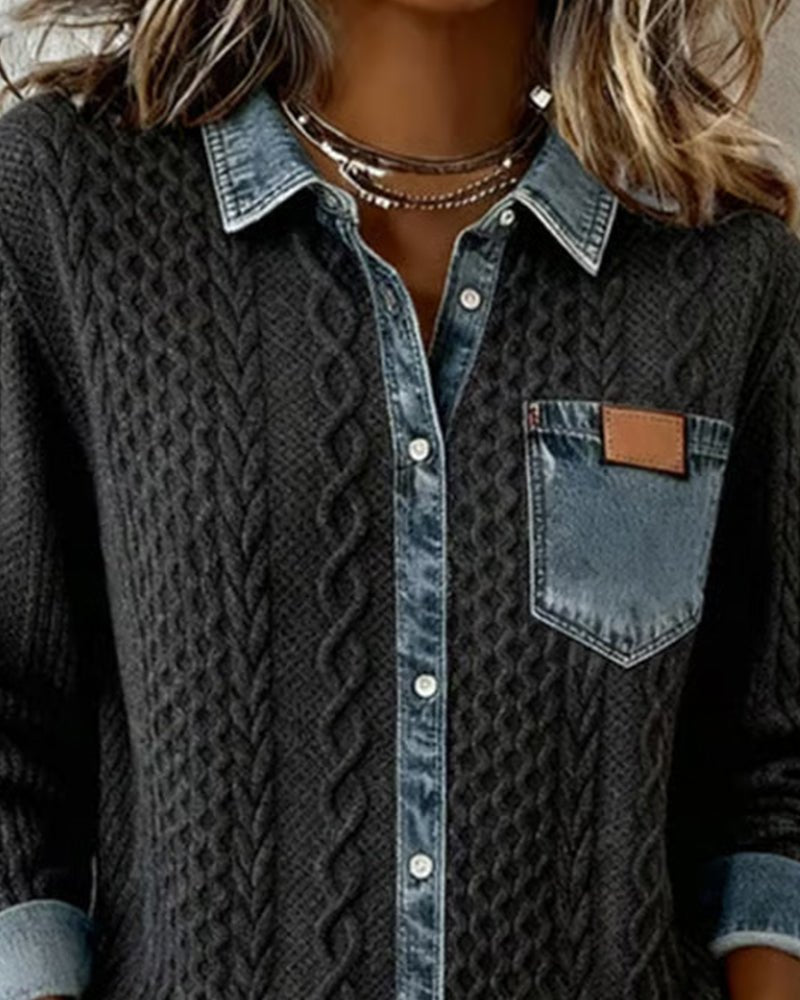 Women's Cable-Knit Patchwork Button-Down Shirt