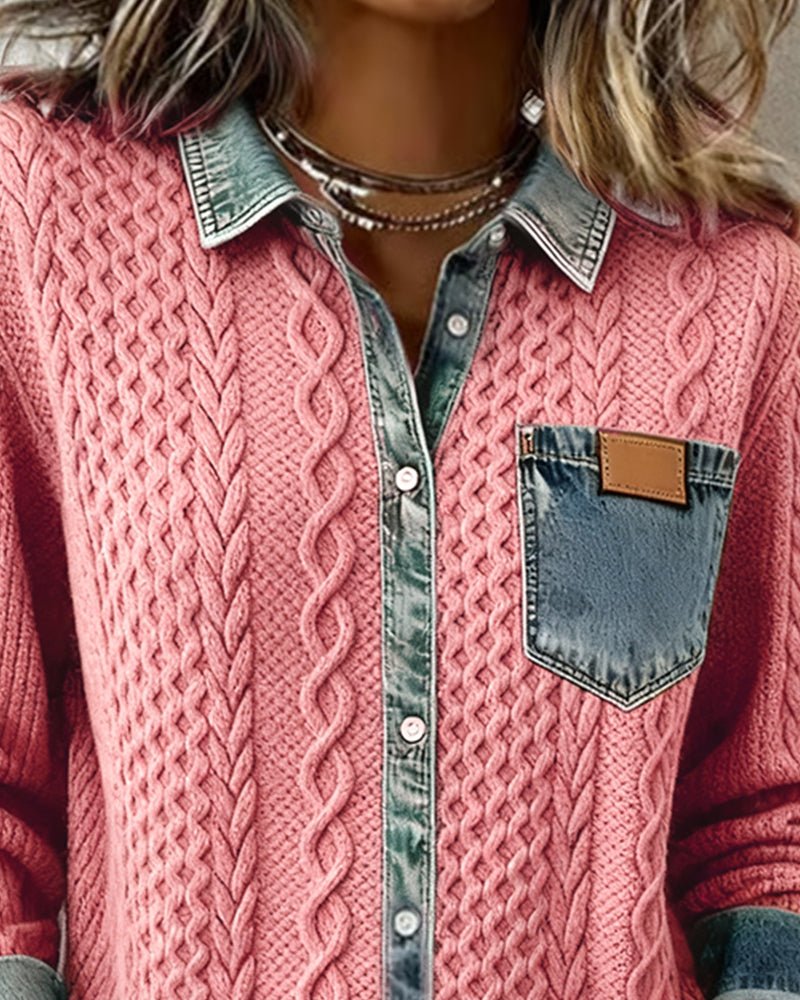 Women's Cable-Knit Patchwork Button-Down Shirt
