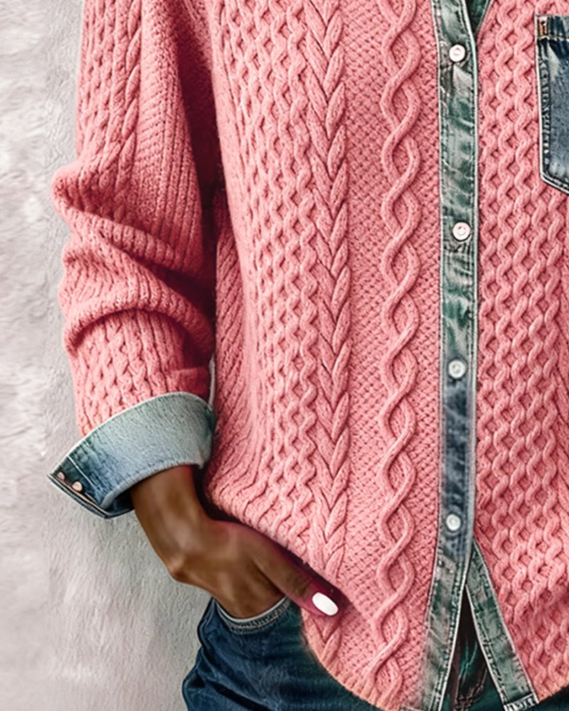 Women's Cable-Knit Patchwork Button-Down Shirt