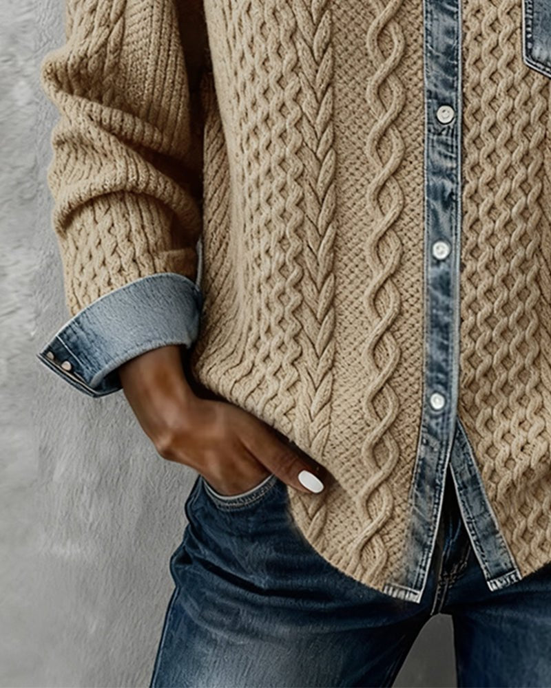 Women's Cable-Knit Patchwork Button-Down Shirt