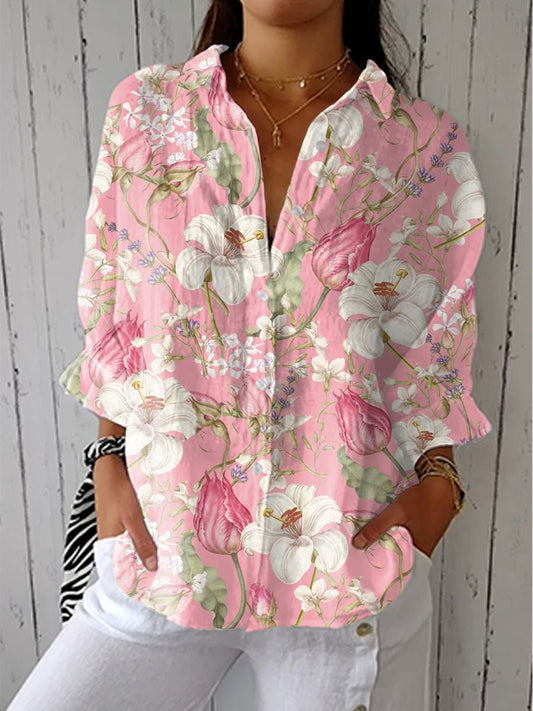 Women's Casual Long Sleeve V-Neck Button-Front Blouse