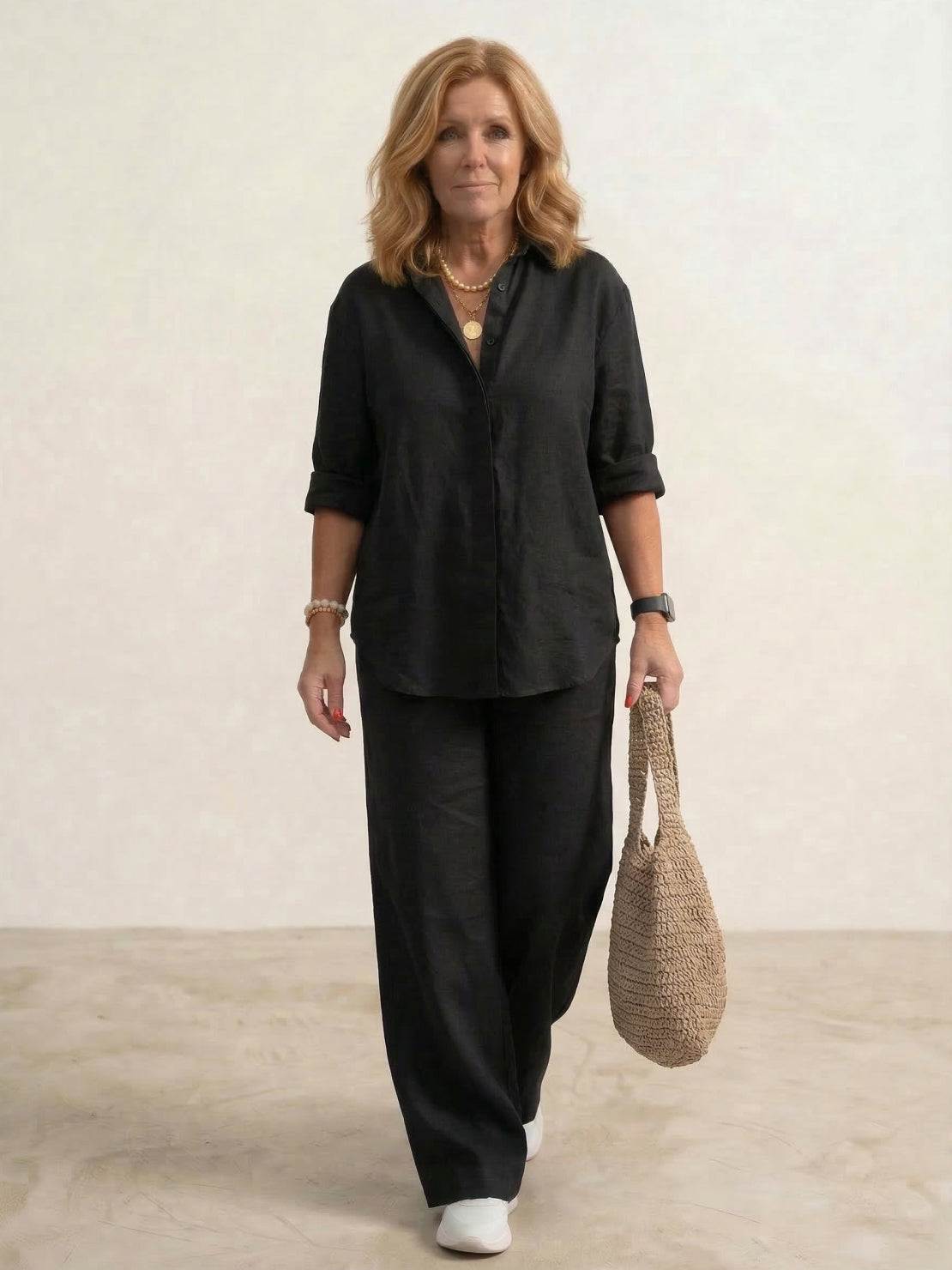 Women's Casual Two-Piece Co-Ord Set with Oversized Shirt and Wide-Leg Pants