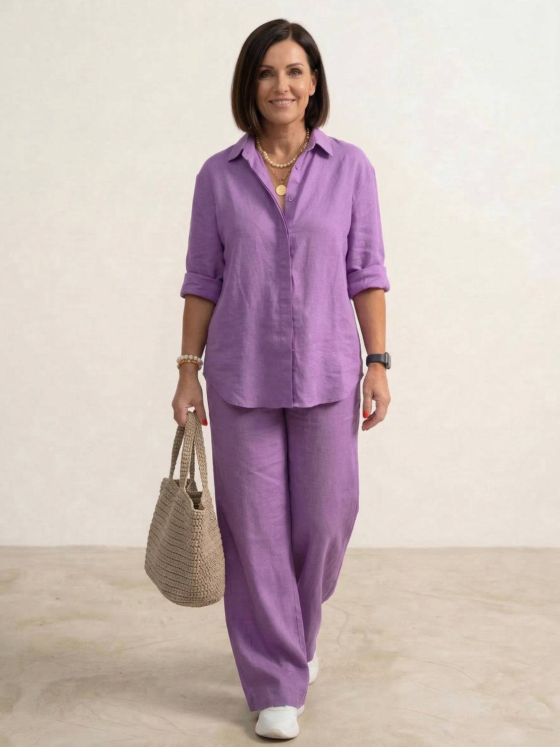 Women's Casual Two-Piece Co-Ord Set with Oversized Shirt and Wide-Leg Pants