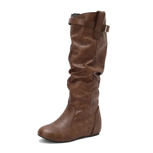Women's Classic Loose Fit Knee-High Winter Boots - Wide Calf with Buckle and Zipper