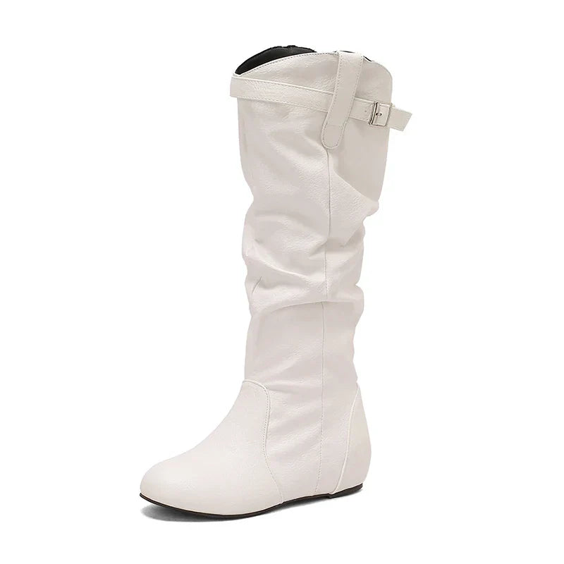 Women's Classic Loose Fit Knee-High Winter Boots - Wide Calf with Buckle and Zipper