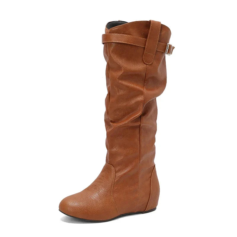 Women's Classic Loose Fit Knee-High Winter Boots - Wide Calf with Buckle and Zipper
