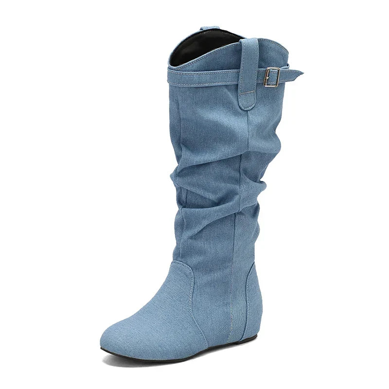 Women's Classic Loose Fit Knee-High Winter Boots - Wide Calf with Buckle and Zipper