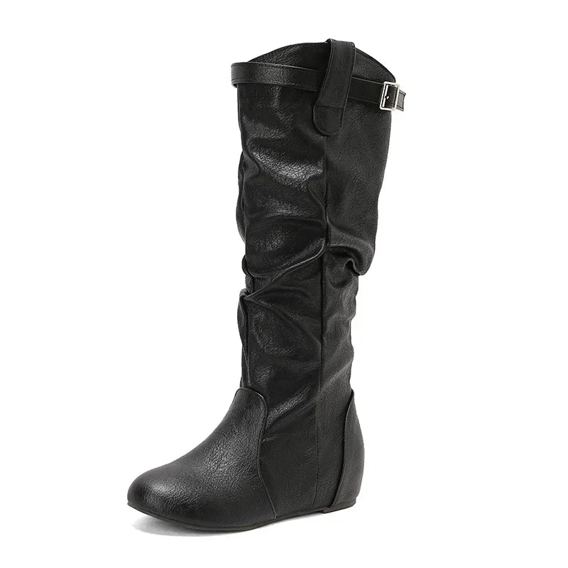 Women's Classic Loose Fit Knee-High Winter Boots - Wide Calf with Buckle and Zipper