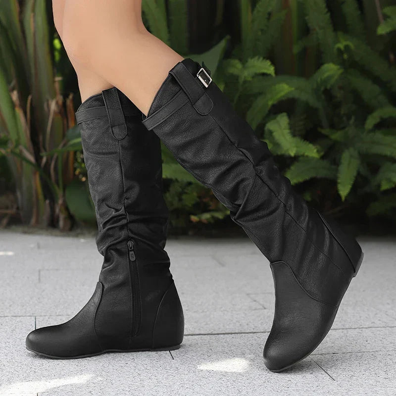 Women's Classic Loose Fit Knee-High Winter Boots - Wide Calf with Buckle and Zipper