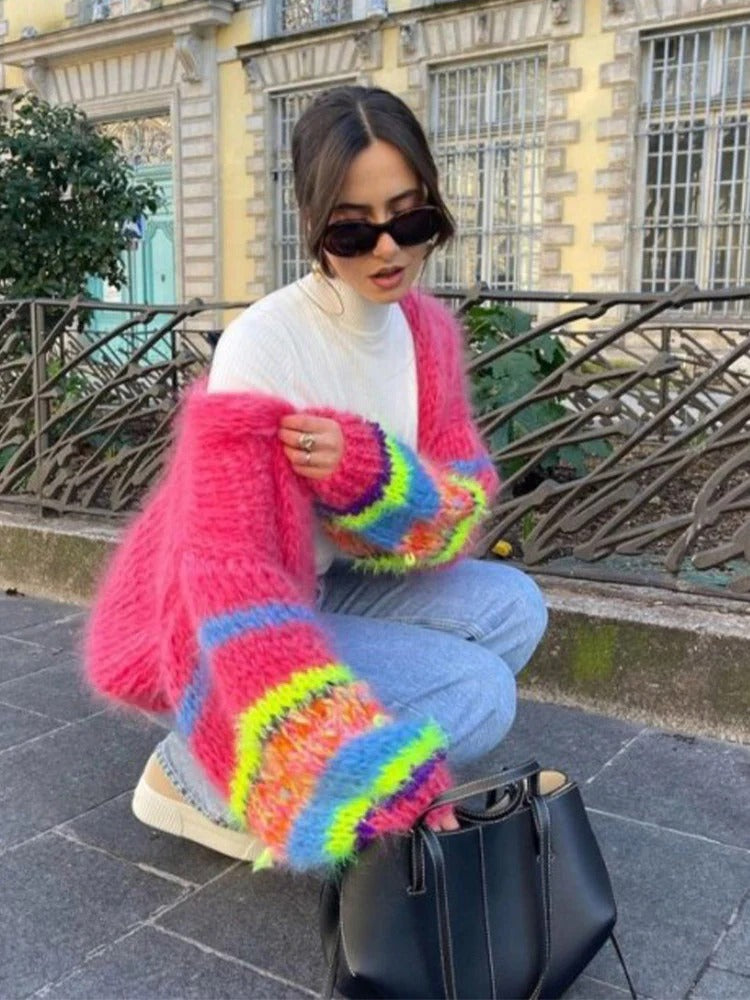 Women's Colourful Short Cardigan with Puff Sleeves