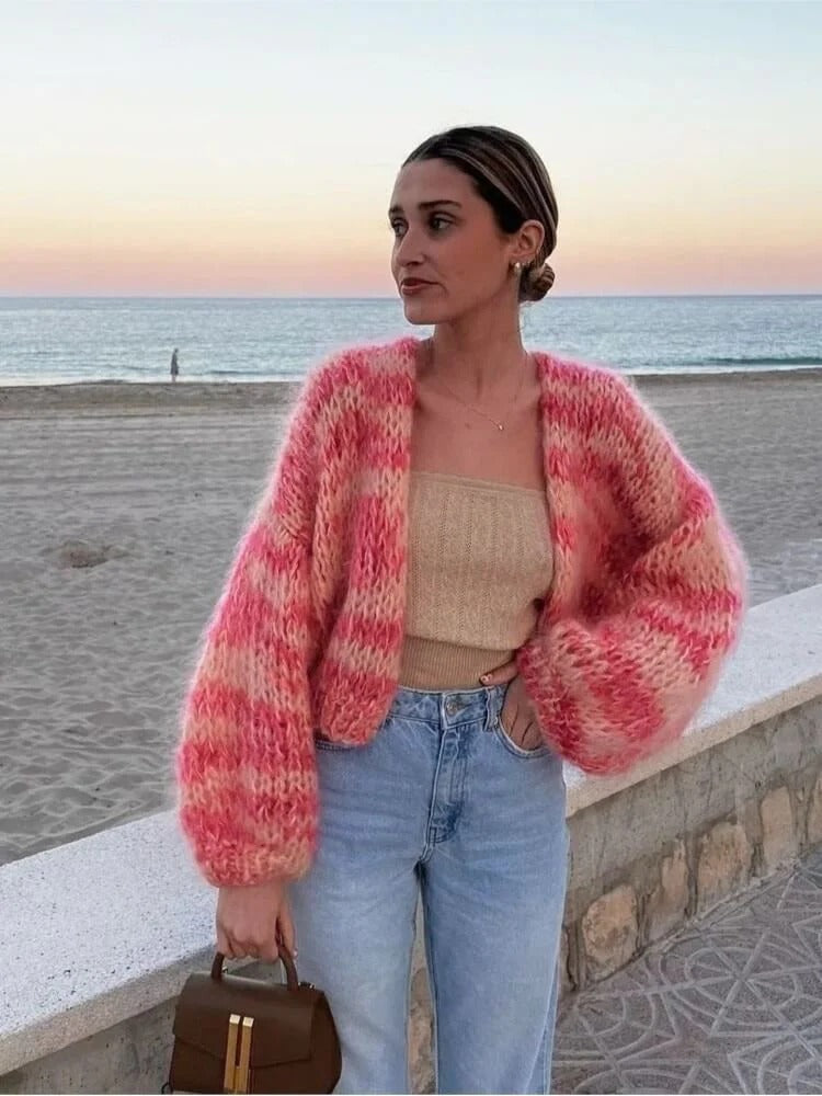 Women's Colourful Short Cardigan with Puff Sleeves