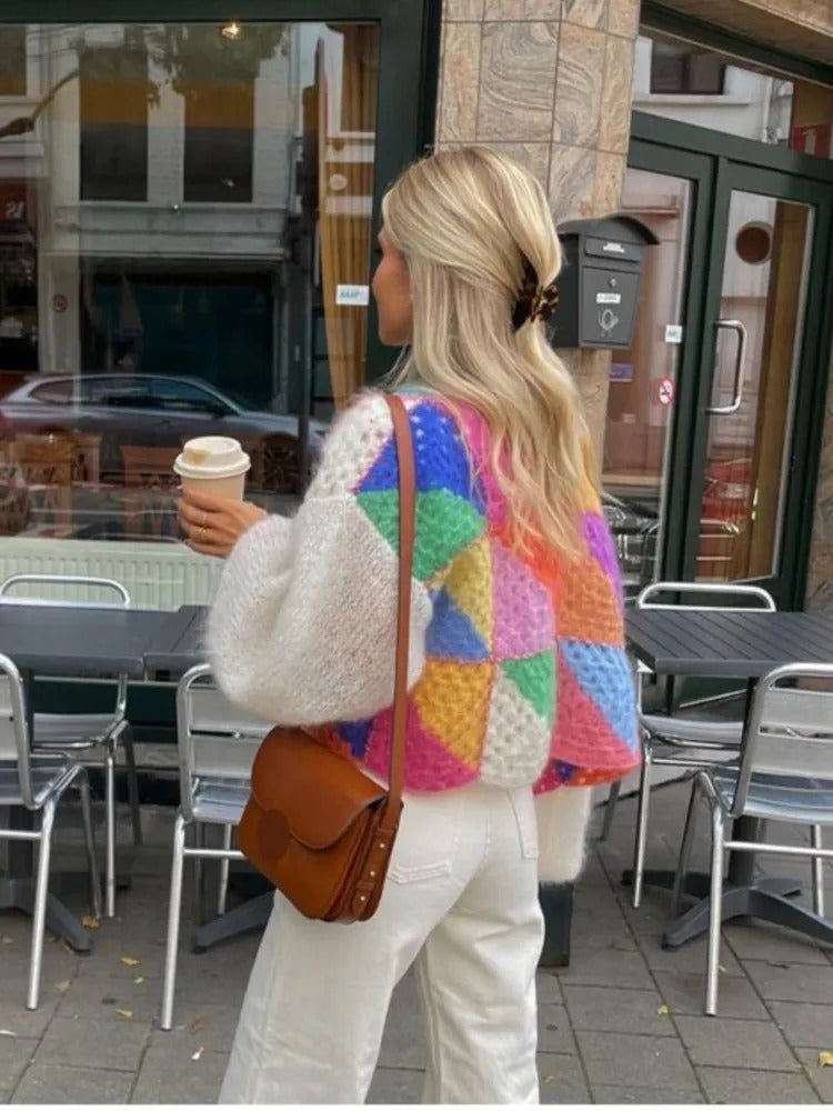 Women's Colourful Short Cardigan with Puff Sleeves