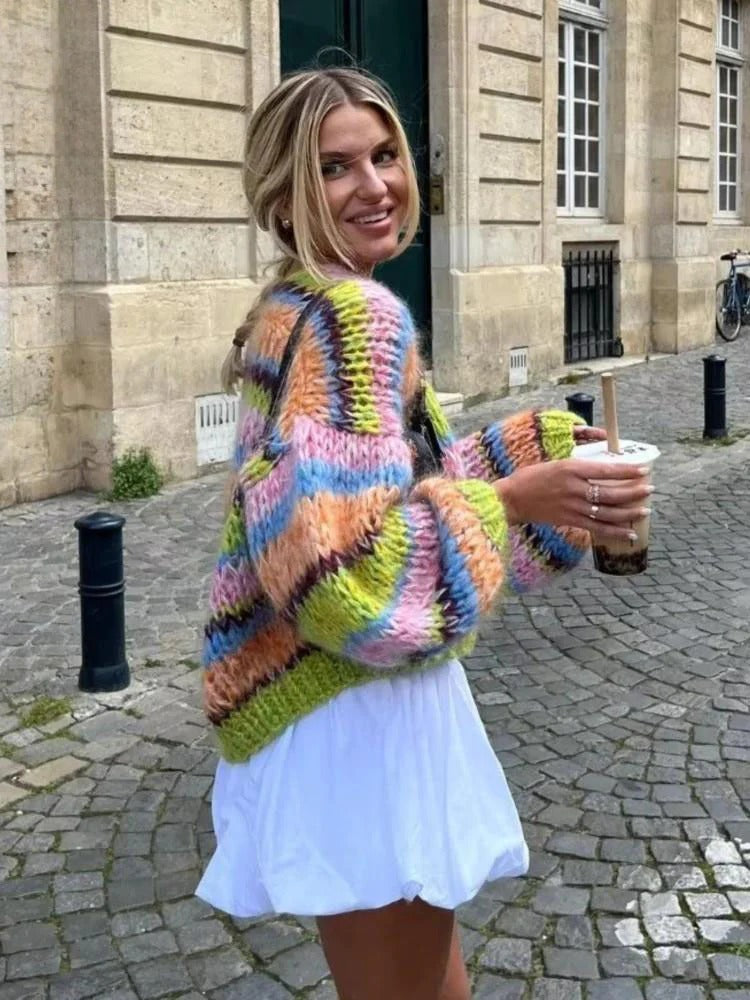 Women's Colourful Short Cardigan with Puff Sleeves