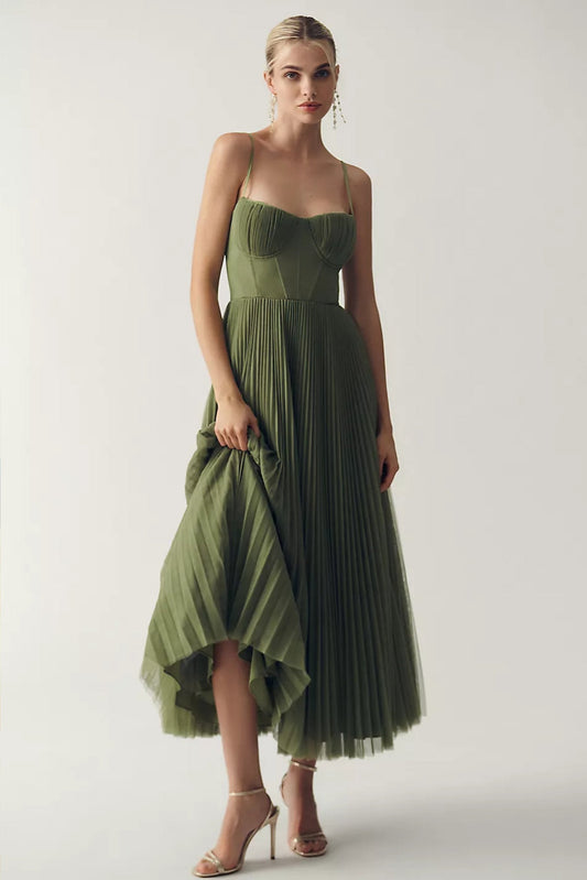 Women's Corset-Bodice Pleated Midi Dress
