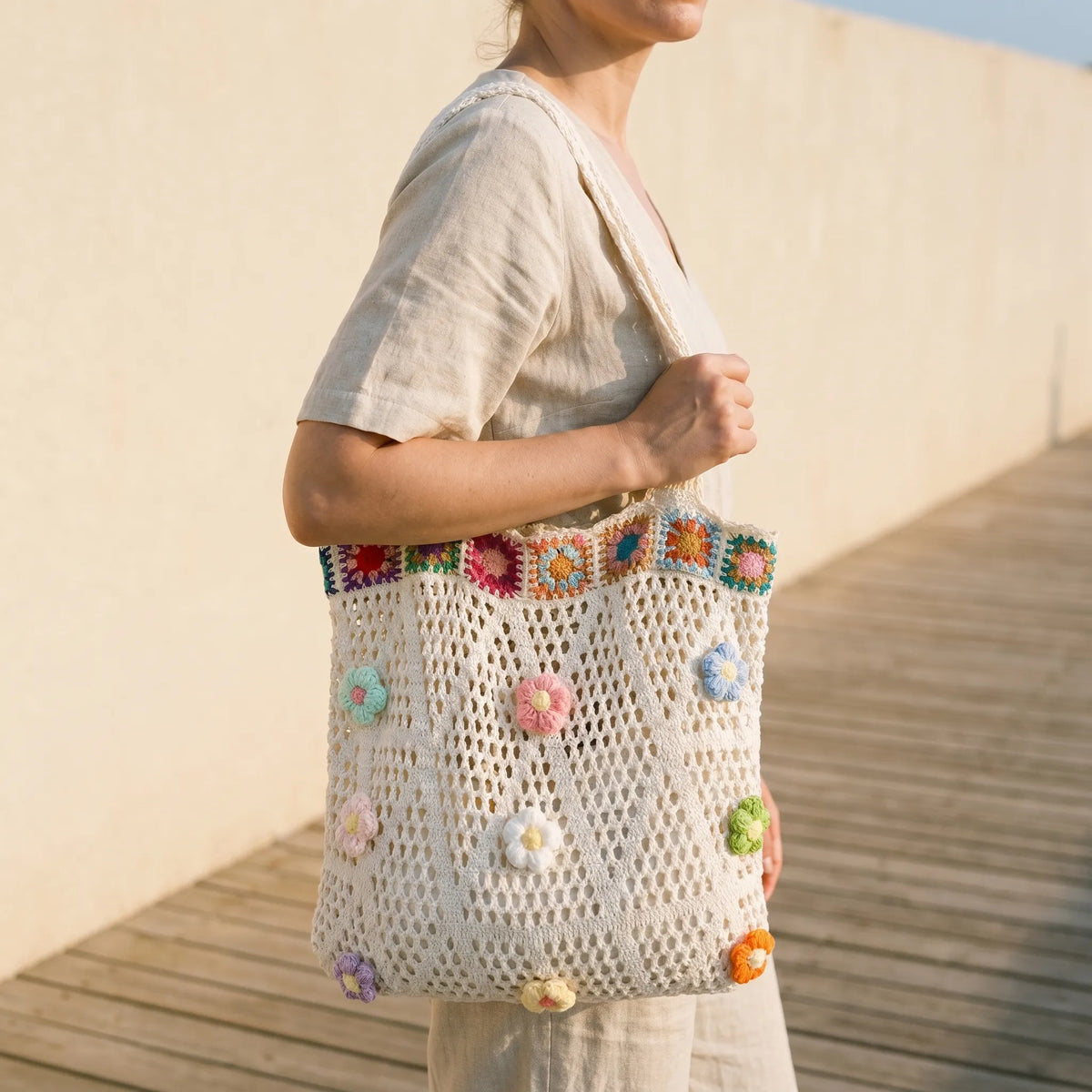 Women's Crochet Flower Tote Bag