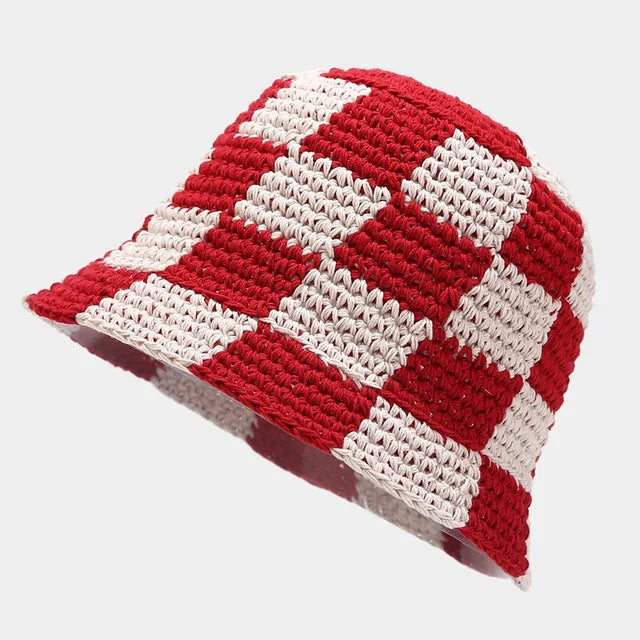Women's Crochet Plaid Bucket Hat
