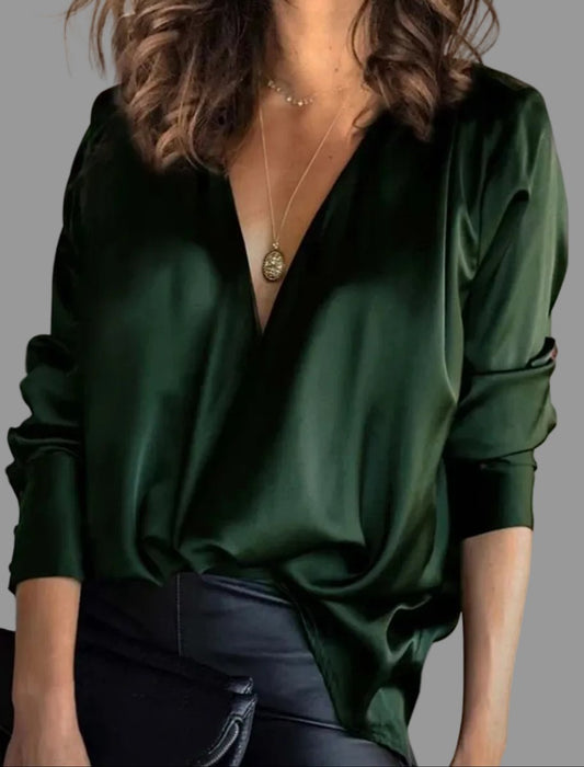 Women's Deep V-Neck Draped Long-Sleeve Blouse