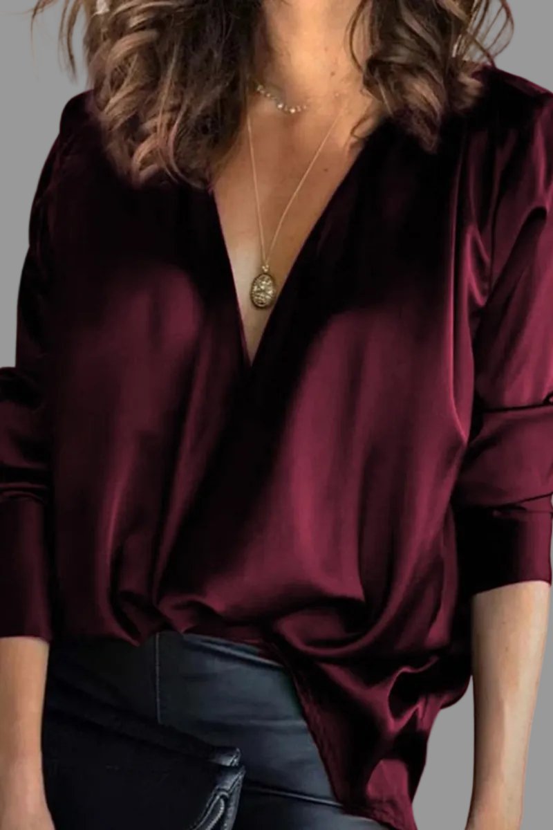 Women's Deep V-Neck Draped Long-Sleeve Blouse