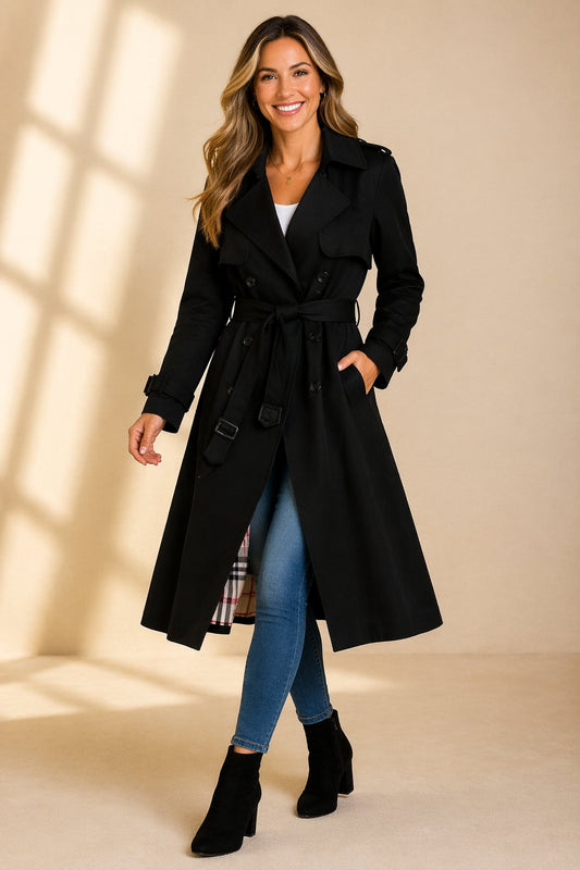 Women's Double-Breasted Belted Long Trench Coat