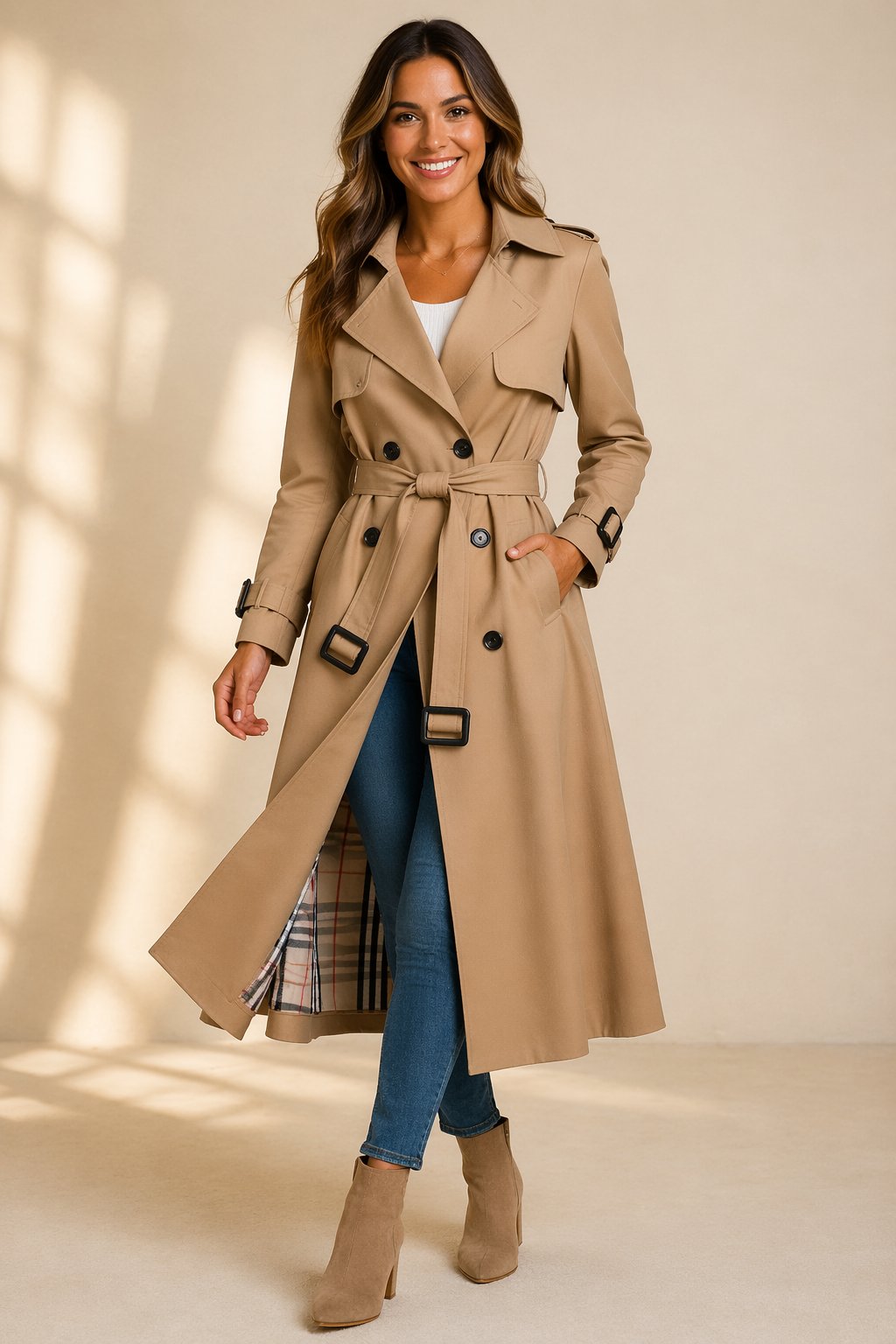 Women's Double-Breasted Belted Long Trench Coat