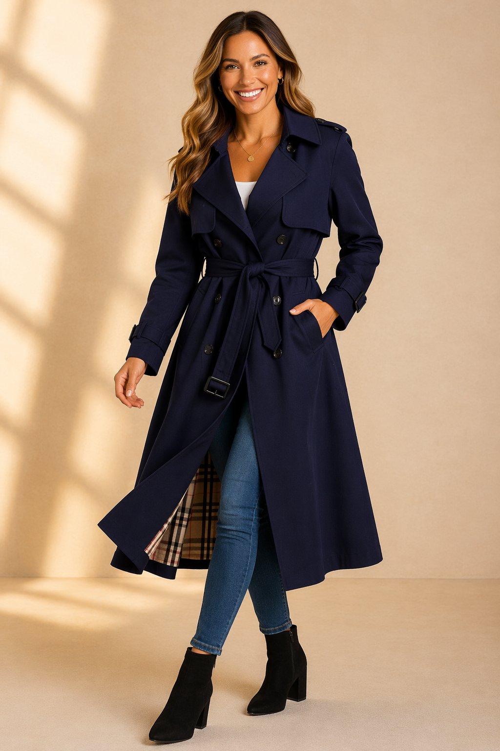 Women's Double-Breasted Belted Long Trench Coat