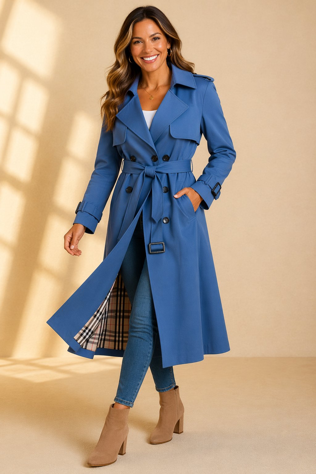 Women's Double-Breasted Belted Long Trench Coat