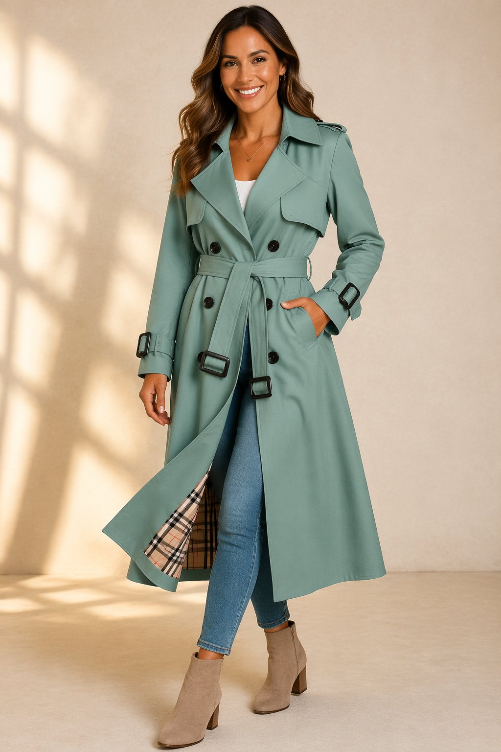 Women's Double-Breasted Belted Long Trench Coat