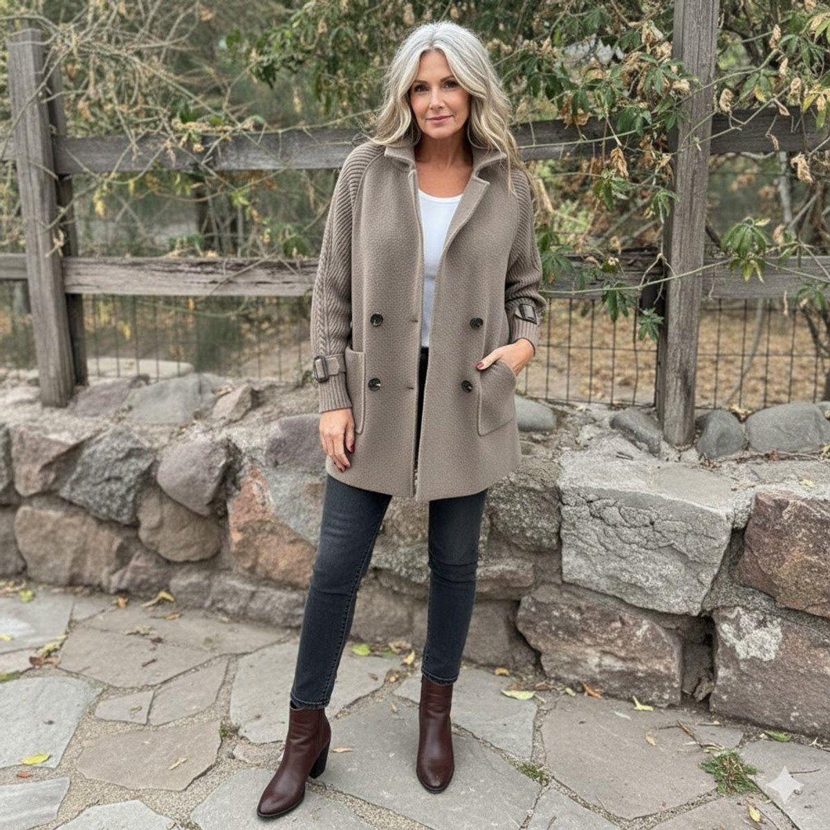 Women's Double-Breasted Cable-Knit Sleeve Coat