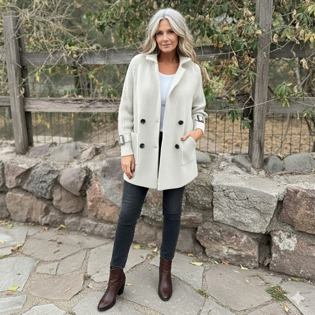 Women's Double-Breasted Cable-Knit Sleeve Coat