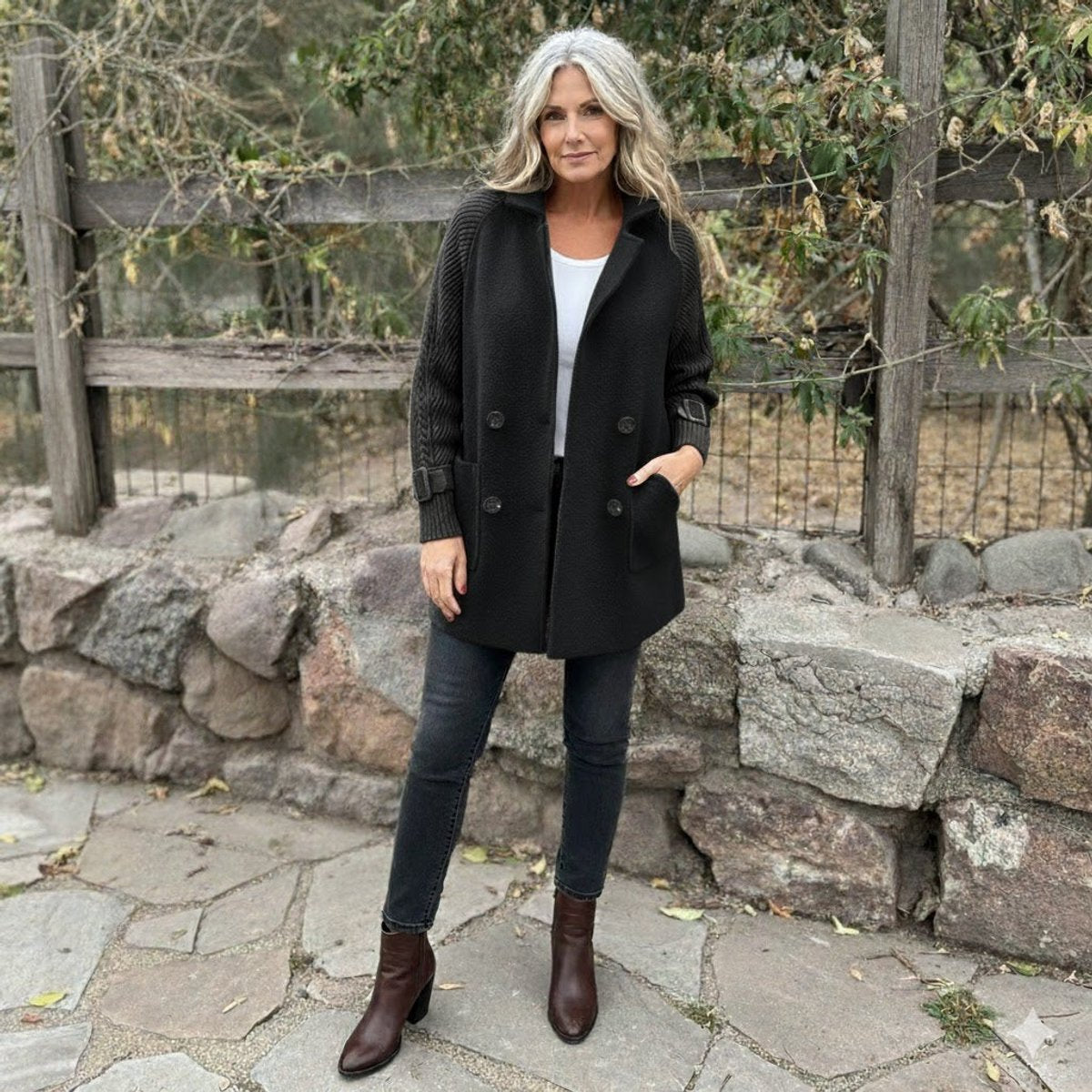 Women's Double-Breasted Cable-Knit Sleeve Coat