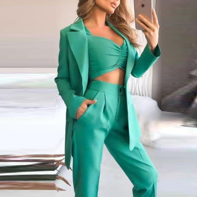 Women's Elegant 3-Piece Blazer Set with Trousers & Top