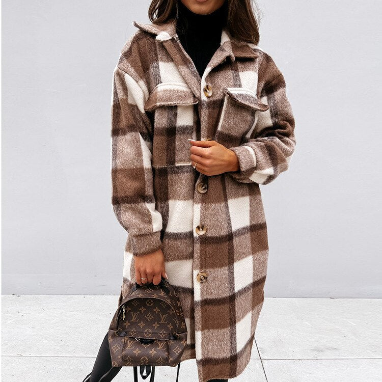 Women's Elegant Checked Long Coat