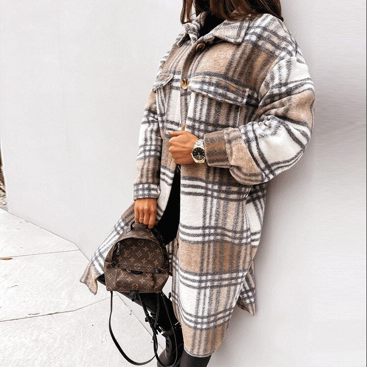 Women's Elegant Checked Long Coat