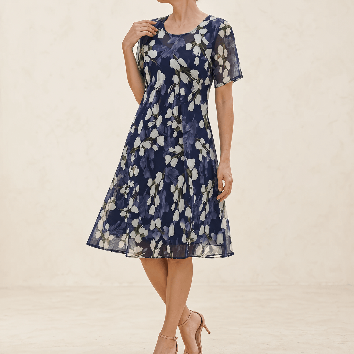 Women's Elegant Navy Floral Midi Dress