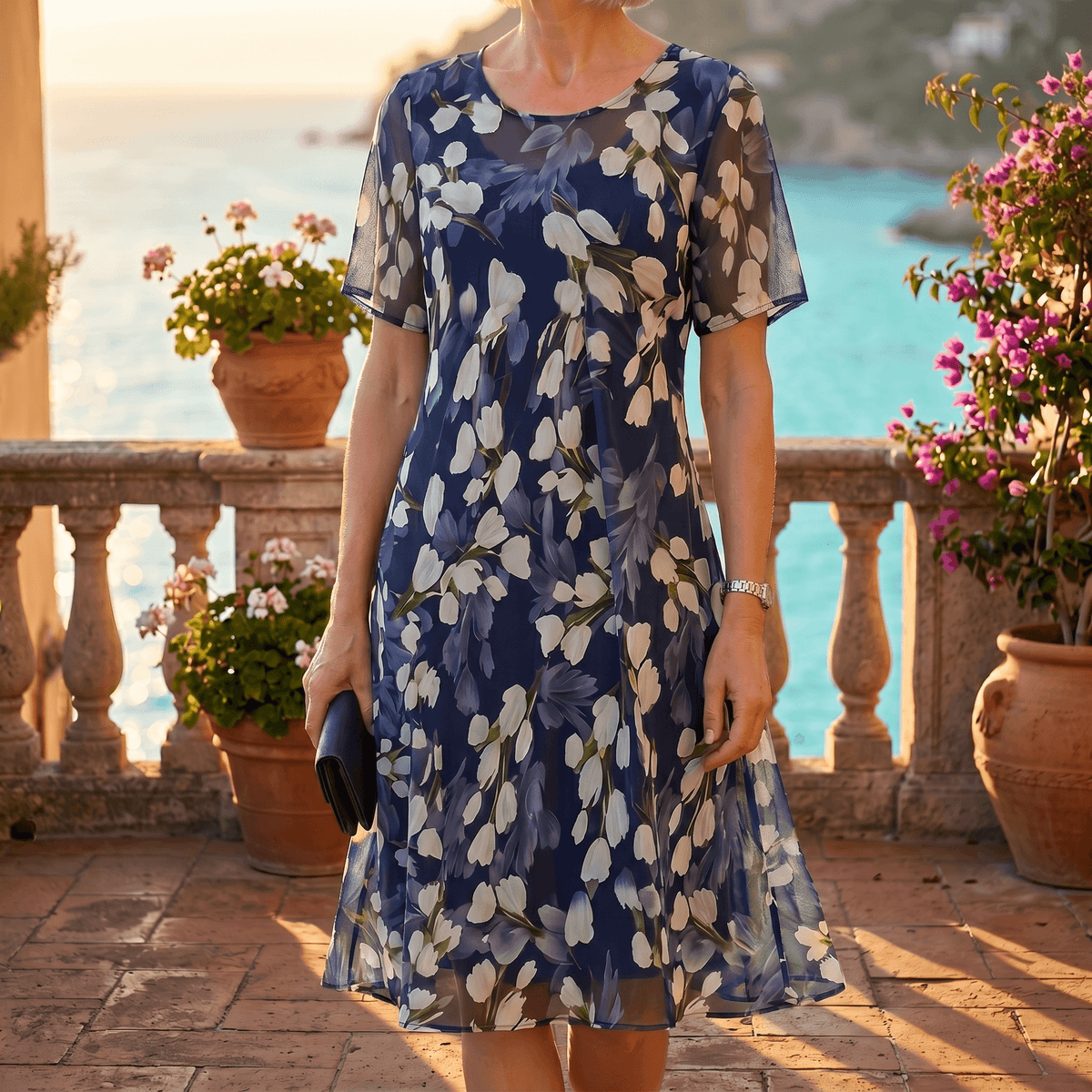Women's Elegant Navy Floral Midi Dress