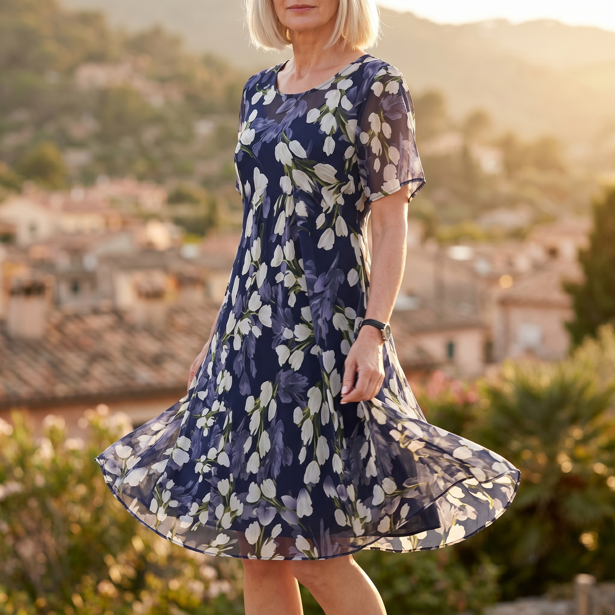 Women's Elegant Navy Floral Midi Dress