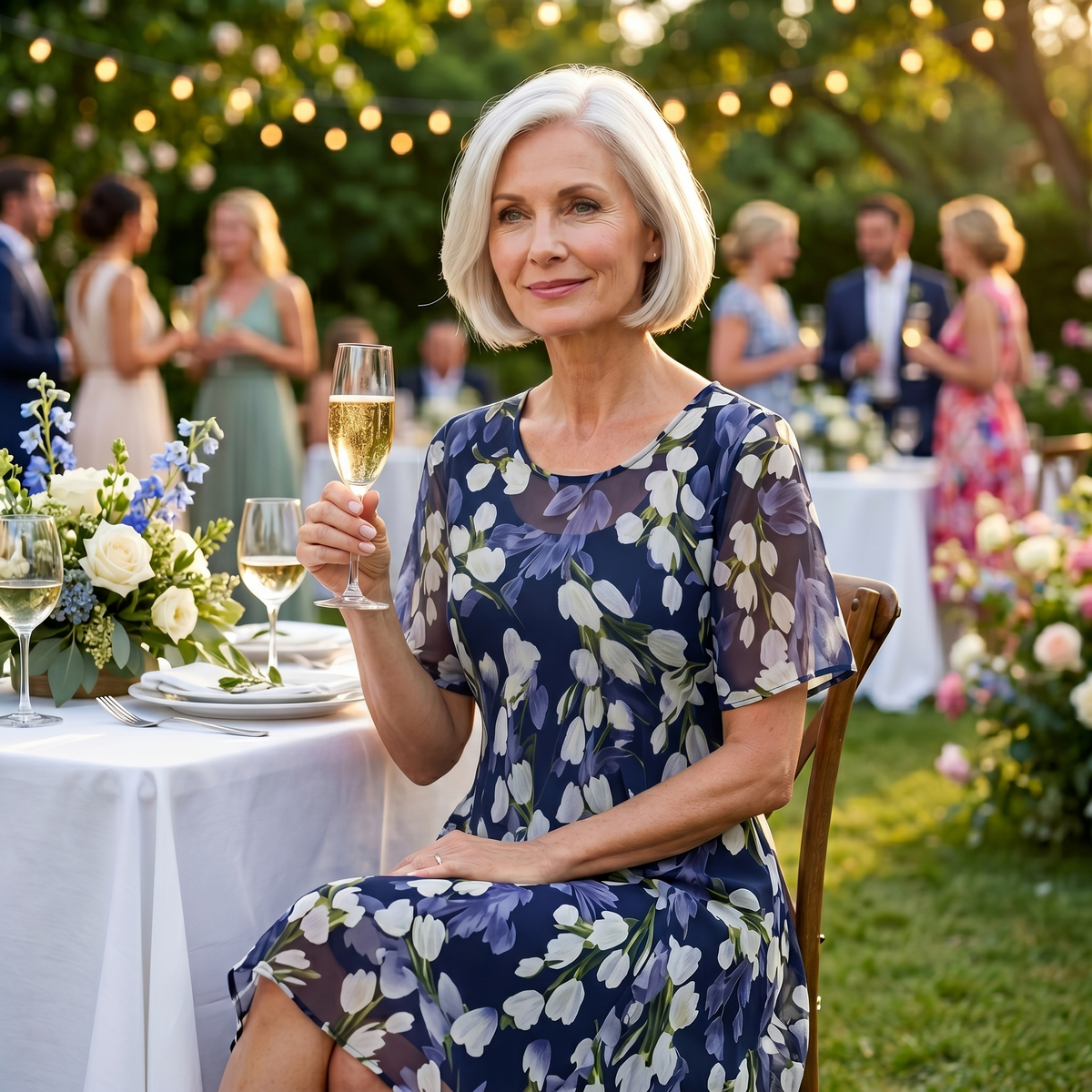 Women's Elegant Navy Floral Midi Dress