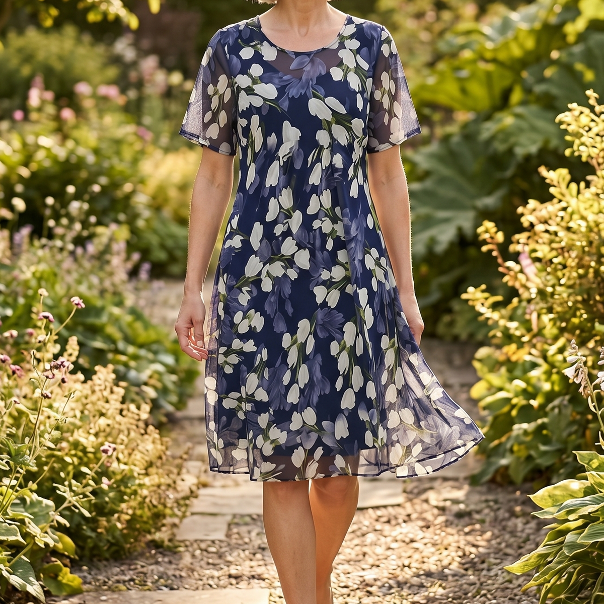 Women's Elegant Navy Floral Midi Dress