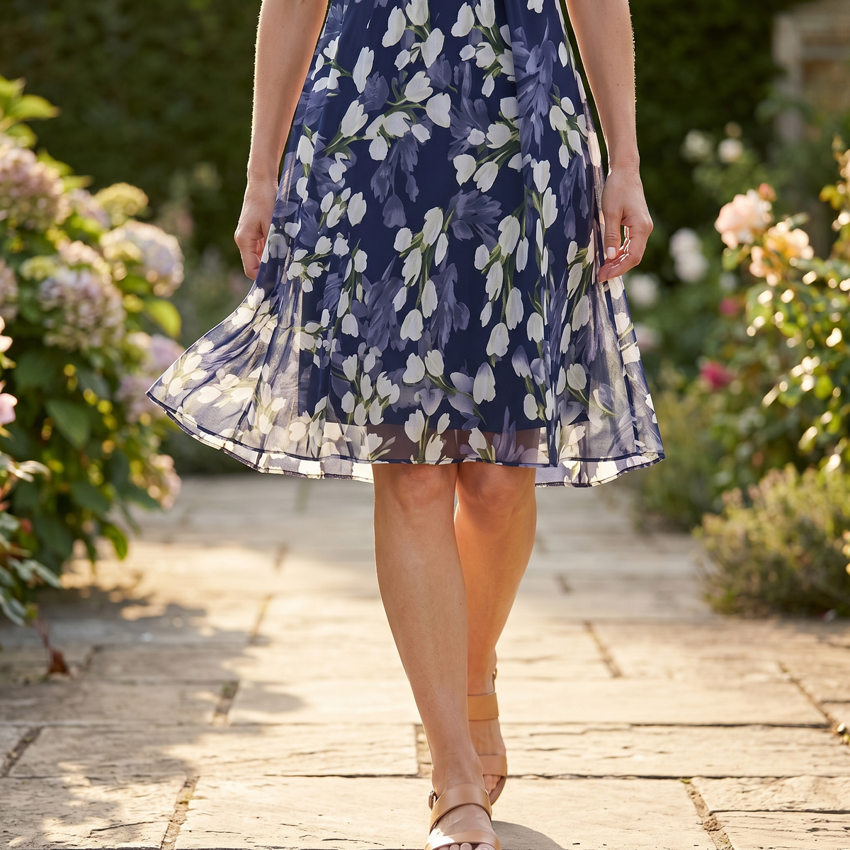 Women's Elegant Navy Floral Midi Dress