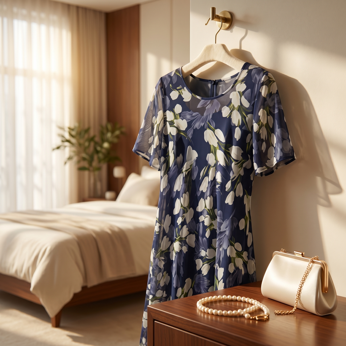 Women's Elegant Navy Floral Midi Dress