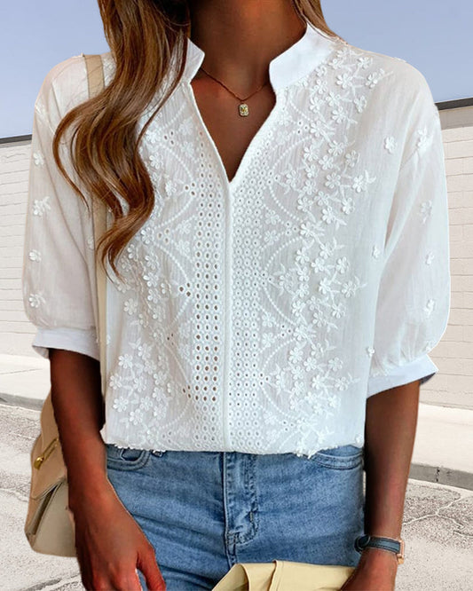 Women's Embroidered Mandarin Collar Puff Sleeve Blouse